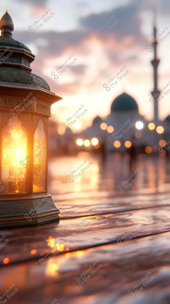 A decorative lantern lit up in the foreground, placed on a wooden surface with reflections of sunset light. In the background, a minaret and dome are visible against a sky colored with warm sunset hues.