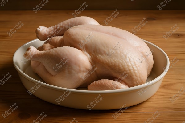 A whole raw chicken placed in a white dish on a wooden surface. The natural lighting highlights the smooth texture of the chicken\'s skin. The darker background is contrasted with the distinct wood grain of the surface.