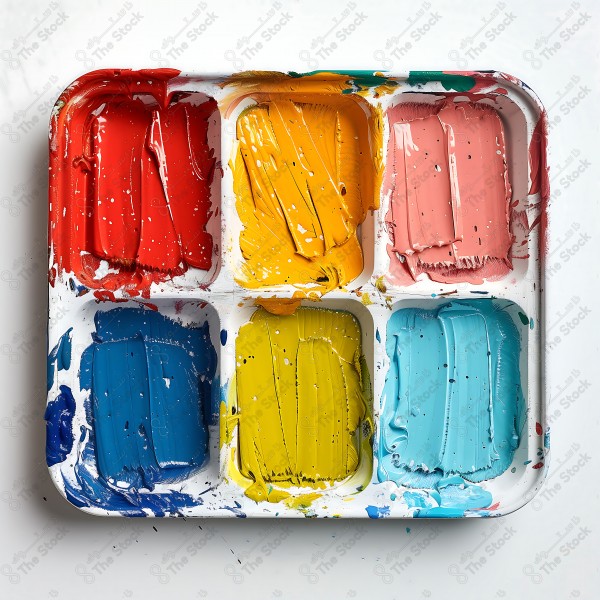 A paint palette containing six different colors: red, yellow, pink, blue, dark blue, and dark yellow. by AI