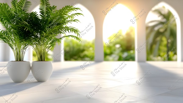 An indoor scene showing lush green plants in two white pots, placed on a bright tiled floor. Behind them are arched columns allowing natural light, with an out-of-focus outdoor view that includes trees and plants illuminated by sunlight.