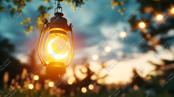 فانوس مضاء معلق يتدلى من غصن شجرة, يظهر بداخله تصميم لهلال مضيء. في الخلفية, هناك طبيعة خارجية ضبابية في وقت الغروب مع ضوء الشمس الذهبي الذي يعكس ألواناً دافئة وسماء مرصعة بالغيوم.