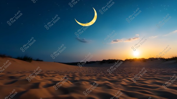 A natural landscape of a desert at sunset, featuring a shining crescent moon in the blue sky with scattered stars. The sand is colored with warm sunset hues, while the horizon is lit with golden sunlight from the setting sun.