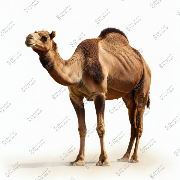 A camel standing on a sandy surface with a white background. The camel has light brown fur with darker patches on its hump and neck. It is looking sideways, showing clear details of its body.