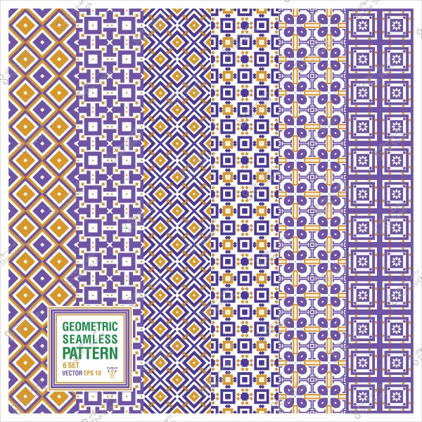 مجموعة من الأنماط الهندسية المتكررة بألوان البنفسجي والذهبي.