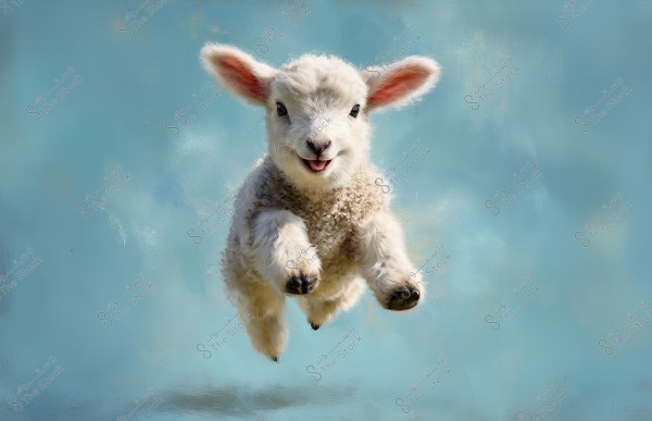 An image of a small lamb running and appearing joyful in mid-air against a blue sky background. The lamb has curly white fleece and large pink ears.