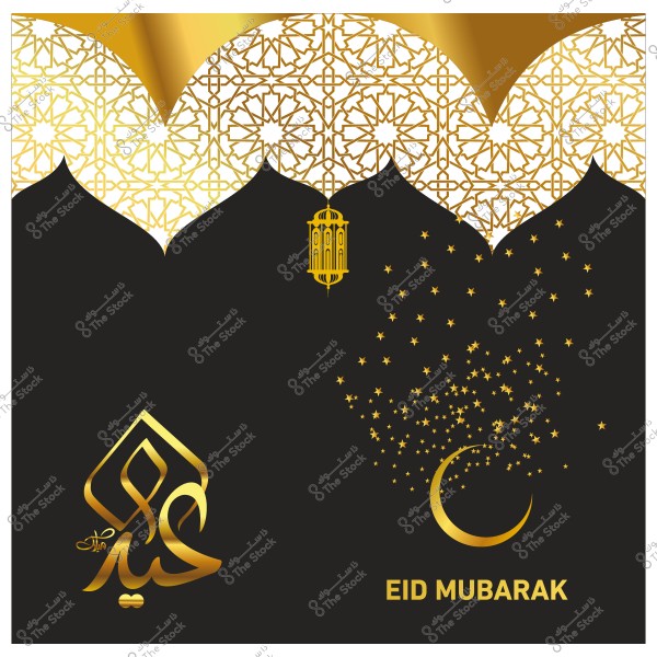 Eid greeting card design with gold and black colors, Islamic patterns, and the text \"Eid Mubarak\" in Arabic and English, with a crescent and stars.