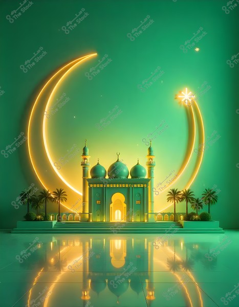 Image of a beautifully designed mosque with a large central dome surrounded by smaller domes and minaret towers at its corners. A glowing golden crescent appears in the background, with a bright star beside it. The scene is decorated with palm trees and plant motifs, and the golden light reflects off the shiny floor, creating a stunning magical appearance.
