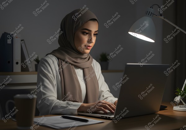 The image depicts a portrait of a woman wearing a hijab and modest clothing, working on a laptop in a nighttime office setting. A desk lamp illuminates her workspace, creating a serene atmosphere. There are documents and pens on the desk.