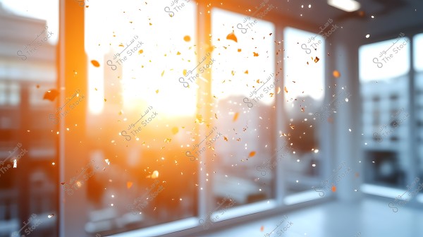 The image shows shimmering particles floating in the air inside a room lit by bright sunlight. Large windows allow the light to stream in and convey warmth from outside, creating a beautiful effect with the scattered particles.