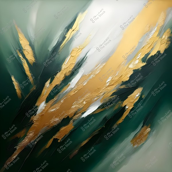 An abstract painting featuring green, gold, and white colors, depicting slanted lines blending in a fluid manner. The gold colors stand out, adding a touch of elegance to the artwork, with shades of green and white creating a striking contrast.