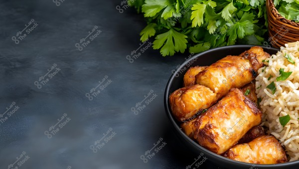 A bowl containing fried chicken rolls next to rice. The dish is set on a dark surface, with some fresh green parsley leaves placed in the background.