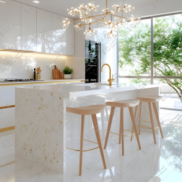 A modern kitchen with a sleek and clean design, featuring a central island with a white speckled gold surface. The island is surrounded by wooden bar stools. An overhead modern chandelier with branching lights illuminates the space. The kitchen is equipped with white cabinetry and a gold faucet. A large window next to the kitchen offers a natural view of trees outside.