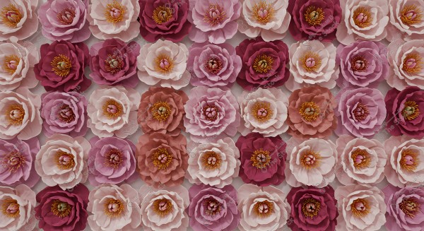 An image consisting of a symmetrical pattern of paper flowers in various colors including pink, purple, white, and mauve. The flowers have multiple layers of petals with intricate details of the stamens in the center, giving a realistic and decorative appearance.