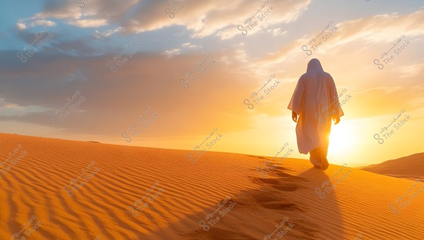An image of a person wearing a long robe walking through a desert at sunset. The sky is filled with scattered clouds, turning into shades of orange and blue. The sand appears soft and rippled, with footprints left behind by the individual.