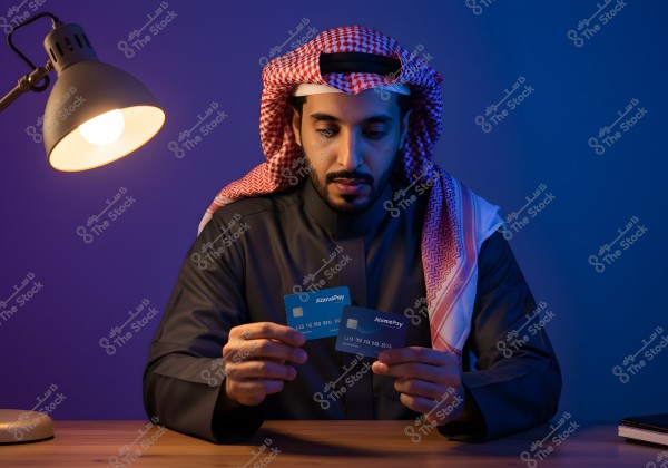 An image of a man sitting at a wooden desk illuminated by a desk lamp. He is wearing a traditional dark-colored robe with a red and white checkered headdress, suggesting he may be from the Arabian Peninsula. He is looking intently at two credit cards with the branding \"AlinmaPay.\" The background is lit with soft blue lighting, and there is a notebook and a mobile phone beside him on the table.