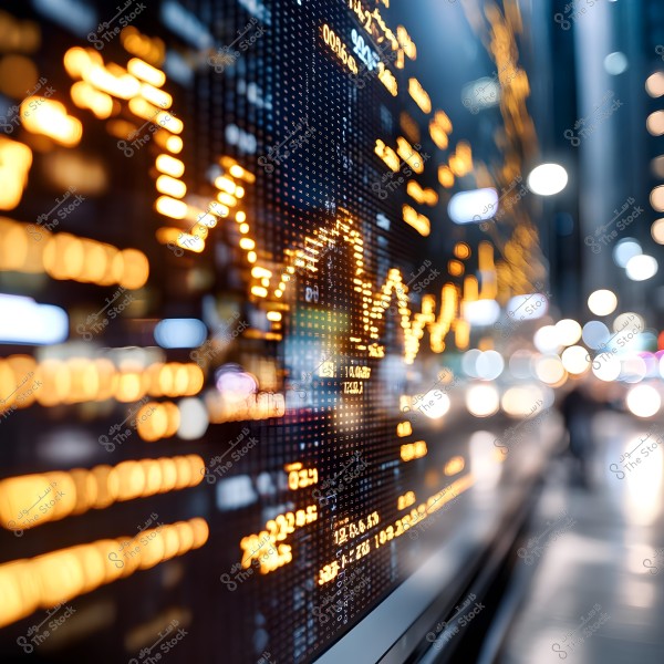 An image showing stock market data illuminated on a large screen in an urban street at night. An orange line graph is displayed on the screen with blurred background lights from buildings and cars.