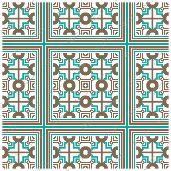 Geometric decorative pattern in brown and turquoise green, featuring repeating shapes and intersecting lines.