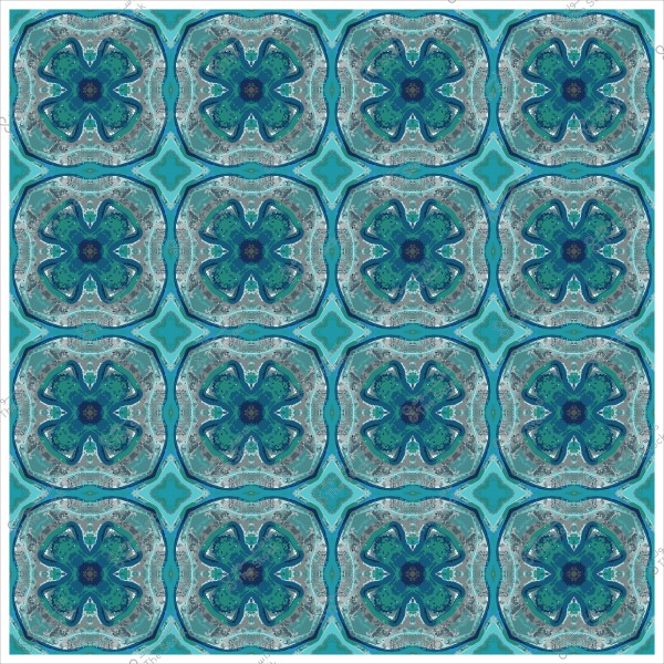 نمط هندسي يتكون من أشكال زهرية متكررة باللون الأزرق والفيروزي, مع تفاصيل دقيقة وخطوط متداخلة.