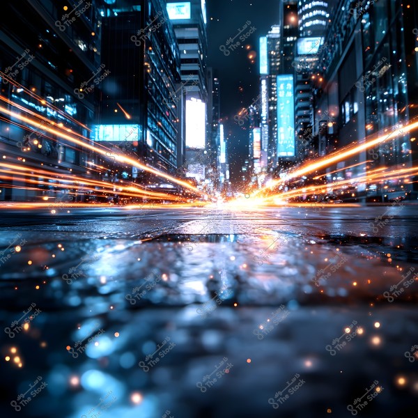 Image of an urban cityscape at night, showing wet streets illuminated by purple and blue neon lights from billboards and tall buildings. Orange light streaks stretch across, suggesting fast-moving vehicles or light effects.