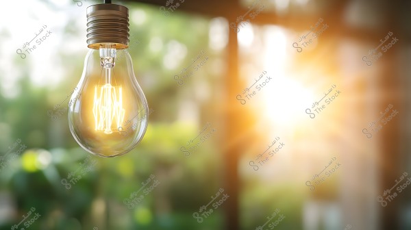 A lit light bulb hanging against a blurred natural background, with bright sunlight shining in the background and green foliage visible. The light is centered and reflects on the clear glass of the bulb.