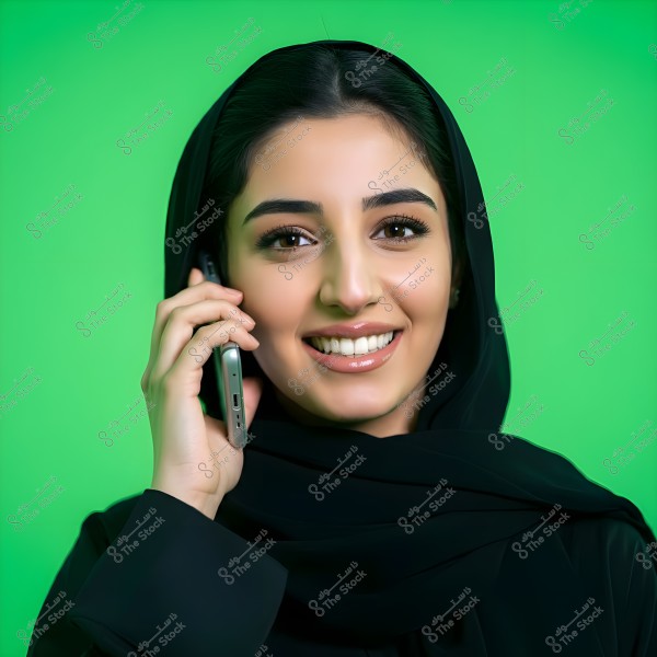 صورة لامرأة شابة ترتدي حجابًا أسود, مبتسمة وتتحدث على الهاتف. الخلفية خضراء زاهية, مما يبرز ملامحها بشكل واضح وتبدو في وضعية مريحة ومبهجة. قد تشير الملابس إلى أصول خليجية.