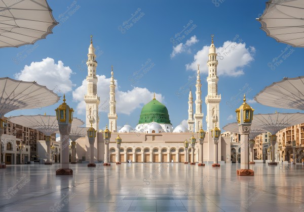 The image depicts the Prophet\'s Mosque in Medina, Saudi Arabia. The iconic green dome is centered in the image, surrounded by elegant white minarets. In the mosque\'s courtyard, several large open umbrellas are visible along with a few people walking on the glossy marble floor. The sky is blue with some white clouds scattered across it.