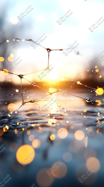 An image depicting a network of connected water droplets against a natural scene illuminated by warm sunlight. The light reflection on the droplets creates a sparkling and captivating effect on the water surface, with a blurred background enhancing the sense of mystery and beauty.