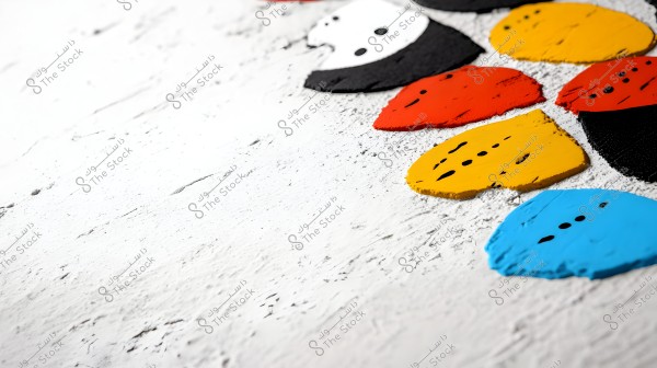 Image depicts a series of repetitive shapes in bright colors, including black, white, red, yellow, and blue, on a textured and uneven surface. The shapes are arranged in a semi-circular pattern on a white, roughly textured background with wavy lines.