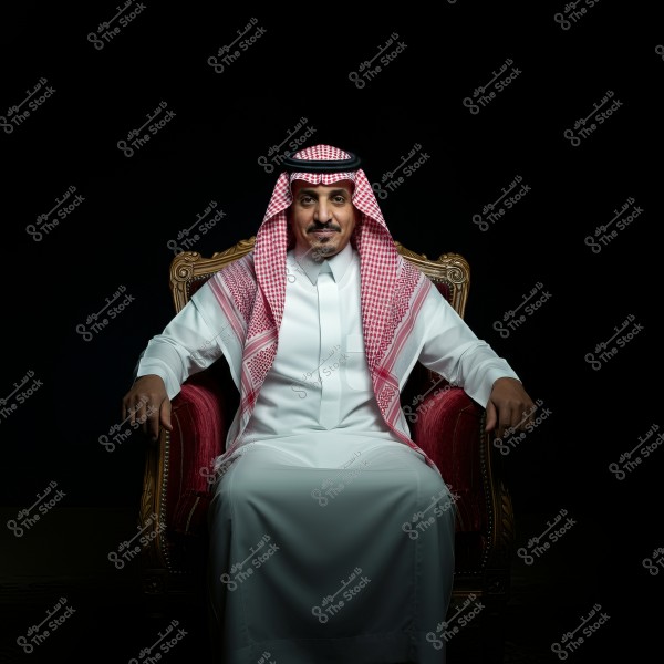 Image of a man sitting on an ornate chair, wearing traditional Saudi attire including a thobe, ghutra, and agal. The man appears formal and dignified, with a black background highlighting the traditional clothing details.