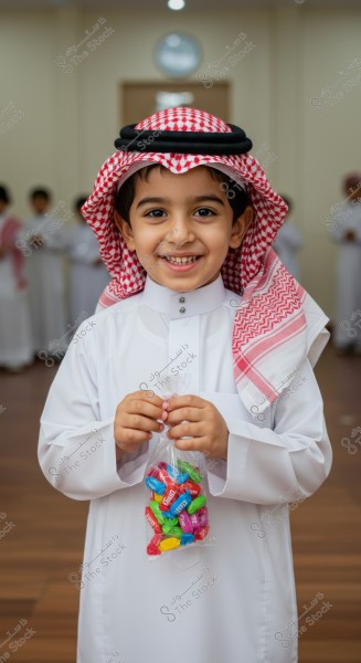 A portrait of a child wearing traditional Saudi attire, including a white thobe and a red and white checkered ghutra with a black agal. The child is smiling and holding a clear bag containing colorful candies. In the background, other individuals are dressed similarly in a well-lit room.