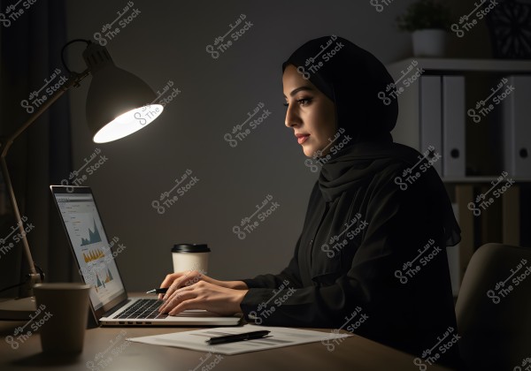 An image of a woman wearing a black hijab working on a laptop in a dimly lit room. A desk lamp on the left side casts light over the workspace. The woman is dressed in black clothing, and there is a coffee cup and some papers on the table. In the background, there are shelves and binders.