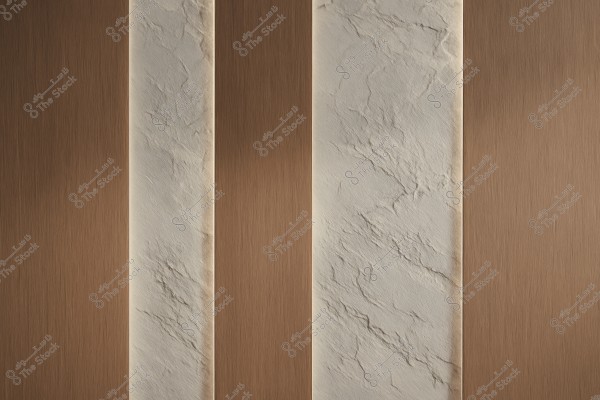 An image depicting a wall design featuring vertical panels alternating between light brown wood and textured gray stone. The contrast in colors and textures between the different natural materials adds beauty and depth to the design.
