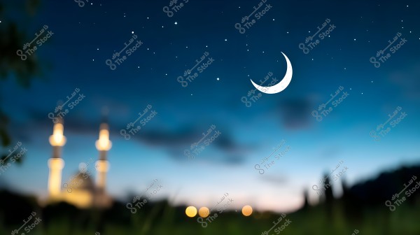 Image of a blue night sky with a bright crescent moon on the right side of the picture. Scattered stars are visible in the sky. In the foreground, there is a blurred view of a mosque with illuminated minarets, suggesting an evening time setting.