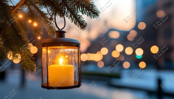 A lit lantern with a candle hanging from a pine tree branch. Warm lights appear as the background fades with city lights blurred into glowing circles. The sky is colored with the hues of sunset.