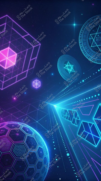 An abstract digital design image with a dark blue background. It features prominent geometric shapes such as glowing purple and blue cubes, along with hexagonal spheres and complex illuminated circular patterns. The image is characterized by intersecting lines and bright dots emitting a glow resembling a futuristic or digital space scene.