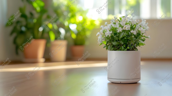 The image shows a plant in a white pot placed on a wooden floor. The flowers are white with bright green leaves. In the background, there are other potted plants, with natural light streaming in from a window, giving the scene a warm and tranquil atmosphere.