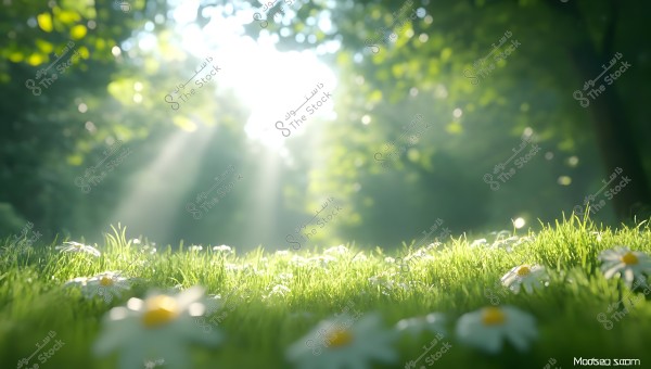 An image of a natural scene depicting a field of green grass adorned with white daisy flowers. Sunlight streams through the green leaves of the trees in the background, creating a bright and dreamy atmosphere.