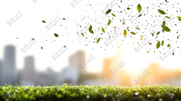 A natural scene depicting green leaves floating in the air against a blurry city background. In the foreground, green grass is illuminated by sunlight, giving a sense of freshness and vitality.
