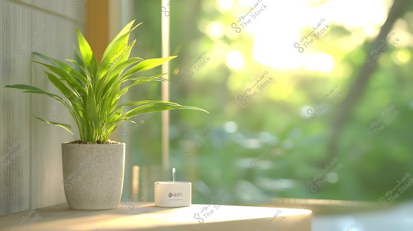 A green plant in a gray pot placed on a surface next to a small white candle. Natural light comes from a window, with soft flooring and walls visible in the background, featuring a blurred green ambiance.