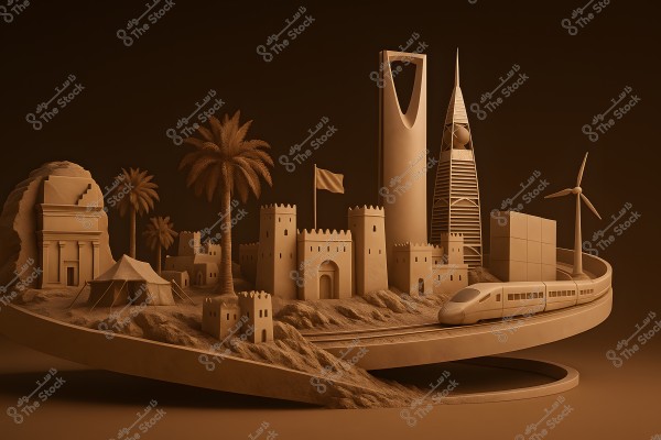 A 3D image depicting iconic architectural landmarks, including a traditional fort, palm trees, and tents. The Kingdom Tower and Al Faisaliah Tower are visible in the background, along with symbols of sustainable energy like wind turbines and a modern train crossing the scene, representing progress in Saudi Arabia.