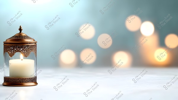 A lit white candle inside an ornate copper lantern on a smooth surface. The background features circular light bokeh, creating a warm and serene ambiance.