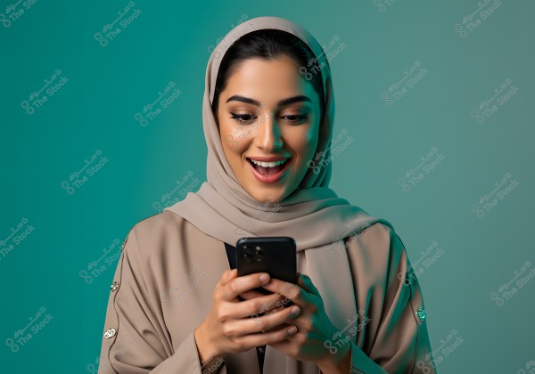 A portrait of a woman wearing a beige hijab and abaya, smiling as she looks at her smartphone. The background is green, and soft lighting highlights her joyful facial expression.