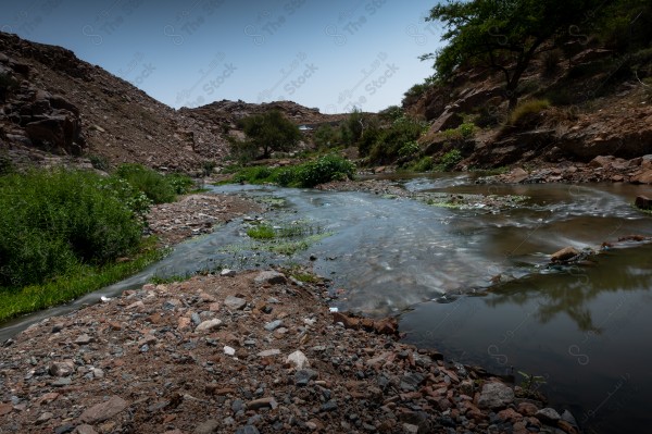 لقطة جمالية لوادي و بحيرة بمنطقة الطائف بالسعودية وتظهر السماء صافية نهارًا, جمال الطبيعة بالسعودية، اشجار وانهار.