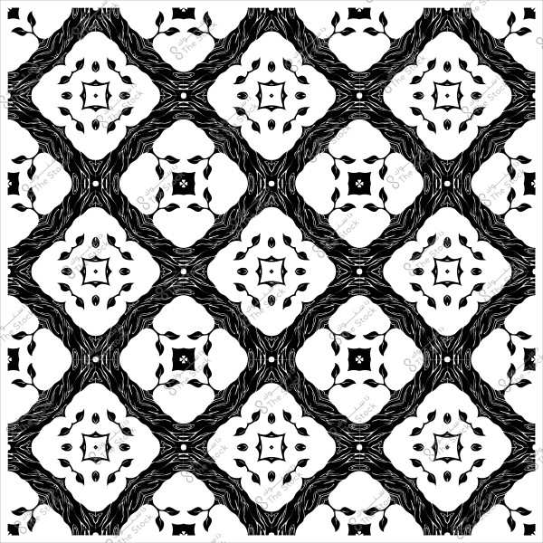 نمط زخرفي أبيض وأسود يظهر تصميمًا هندسيًا متكررًا بأشكال نباتية وخطوط مستوحاة من الطبيعة.