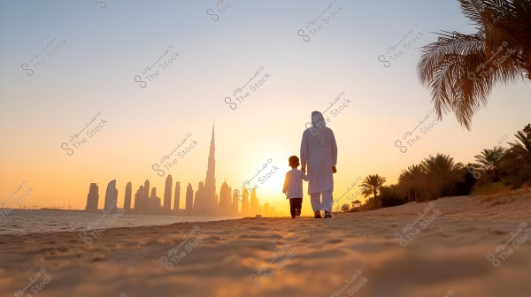A man and child in white clothing walking on a sandy beach at sunset, with the skyline of Dubai, including the prominent Burj Khalifa and other skyscrapers, in the background. Green palm trees are visible on the right side of the image.