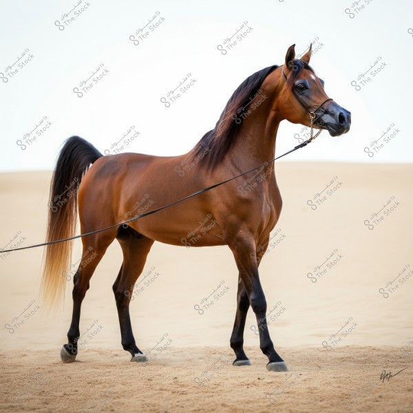 Image of a beautiful Arabian horse with a dark brown coat standing on sand in the desert. The horse has a well-proportioned body, prominent muscles, and shiny hair. The horizon is sandy, with a light blue sky in the background.