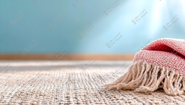 A light-colored woven carpet covers the floor, with a pink blanket featuring fringes. The walls in the background are light blue, with natural lighting highlighting the intricate details of the fabric.