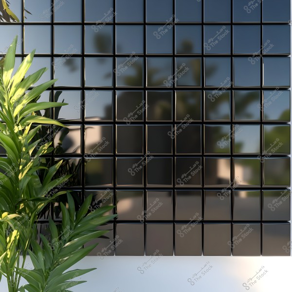 A panel of shiny black square tiles arranged together to form a reflective surface. On the left side of the image, there are tall green plants with dense leaves, adding a natural touch to the scene.