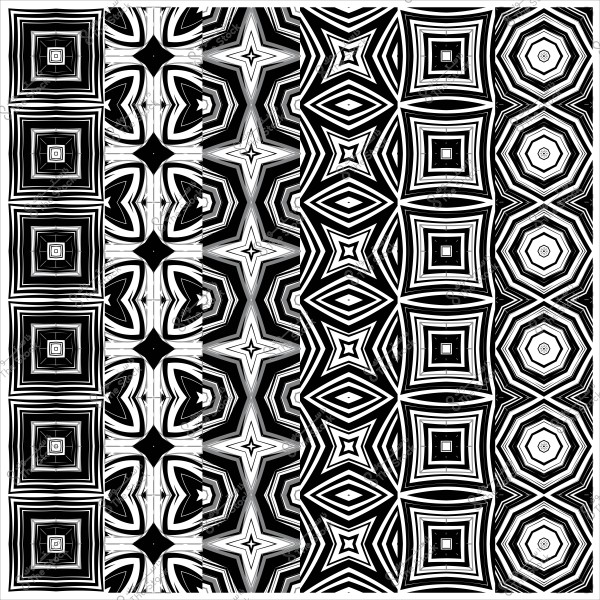 صورة تظهر نماذج هندسية متنوعة باللونين الأبيض والأسود, تتكون من أنماط مستطيلة وخماسية الشكل.