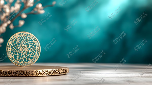 An image showing a circular disk adorned with intricate golden geometric designs placed on a smooth surface. The background is a blurred blue with a branch featuring blurred flowers on the left side.